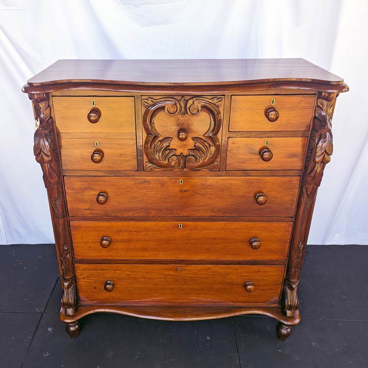 This chest of drawers was stripped and French polished, and the drawers were repaired.