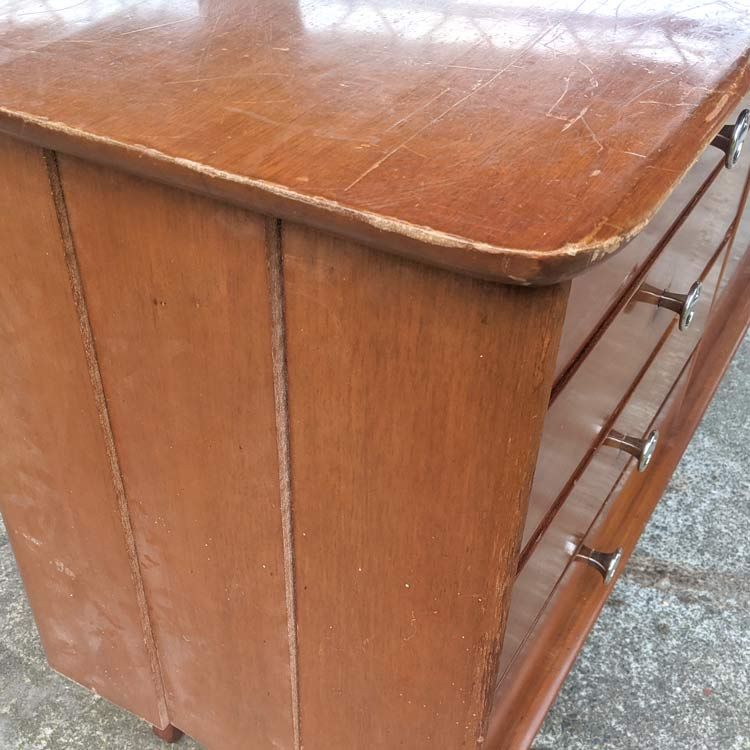 This mid century console required woodwork repairs and refinishing
