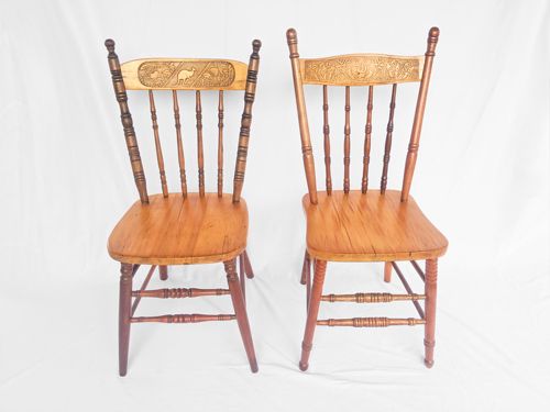 These steamback chairs were stripped, reglued, and refinished, and missing parts were recreated.